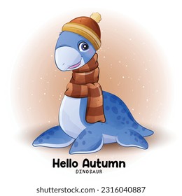 Adorable Autumn Dinosaurs with watercolor illustration