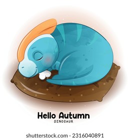 Adorable Autumn Dinosaurs with watercolor illustration