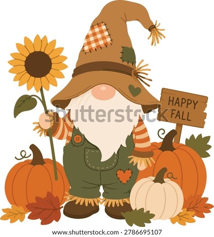 Adorable autumn gnome surrounded by pumpkins, sunflowers, and fall leaves in warm seasonal colors. Perfect for Thanksgiving decorations, printable graphics, greeting cards, and cozy harvest artwork.