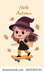 Adorable autumn-themed illustration featuring a cute little witch riding a skateboard with her black cat in a backpack. Surrounded by falling leaves and warm fall colors, this whimsical scene  

