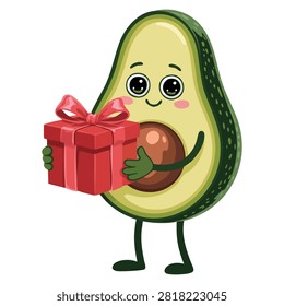 Adorable avocado character holding gift box with funny face vector illustration perfect for cheerful fruit themed designs greeting cards or stickers