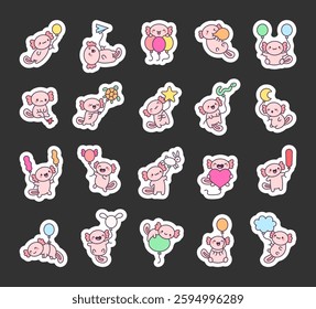 Adorable axolotl and balloon set featuring cute kawaii characters holding and flying, expressing emotions and celebrating joyful moments in a charming cartoon style for your creative illustrations