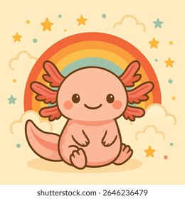 Adorável Axolotl Cartoon com arco-íris, Uma ilustração axolotl encantadora com um pano de fundo irisada, um design de desenho animado encantador cheio de vibrações alegres.