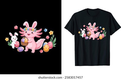 Adorable Axolotl With Easter Bunny Ears Vector Art T-Shirt Design