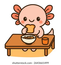 Schattige axolotl eten ontbijt aan tafel schattige cartoon amfibie met ontbijtgranen, toast en sap, perfect voor ochtend routine illustraties, kids food design, kawaii maaltijd concept