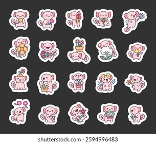 Adorable axolotl and flower set featuring cute characters holding bouquets, pots, magic wand, expressing various emotions in charming and friendly poses for your creative illustrations