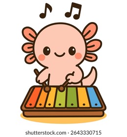 Schattige axolotl spelen xylofoon - muzikale cartoon amfibie voor kinderen muziekeducatie, voorschoolse instrument leren, kinderdagverblijf clipart en vroege kindertijd ontwikkeling illustratie