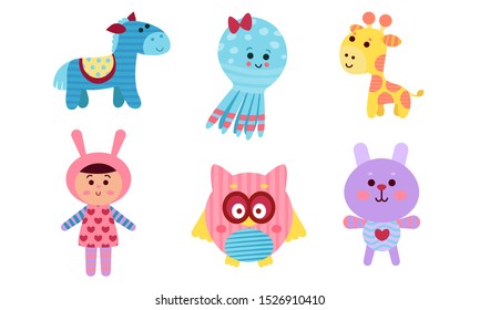 Adorable Babies Animals And Human Cartoon Characters Colorful Vector Illustration Set
