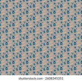 Adorable baby accessories background. A seamless and high-quality vector pattern showcasing soft blue and beige baby motifs, ideal for fabric prints, scrapbooking, or themed event decor. 
