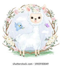 Adorable baby alpaca in the garden illustration