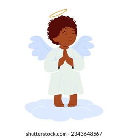 Adorable Baby Angel Character With Cherubic Features, Heavenly Presence, And Tiny Wings, Radiating Innocence And Charm Sitting on Cloud in Prayer Pose. Cartoon People Vector Illustration