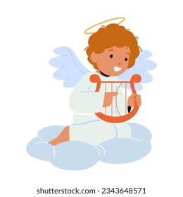 Adorable Baby Angel With Innocent Eyes, Tiny Wings, And A Cherubic Smile Sitting on Cloud with Harp, Radiating Pure Joy And Love. Little Child Cupid Character. Cartoon People Vector Illustration