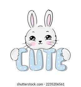 adorable baby animal bunny with inscription Cute, T-shirt graphics for kids vector illustration