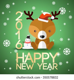 Adorable Baby Animal On 2016 New Year Greeting Card : Vector Illustration