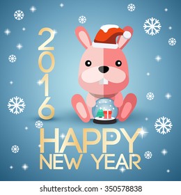 Adorable Baby Animal On 2016 New Year Greeting Card : Vector Illustration