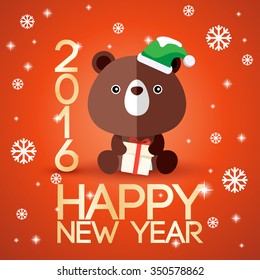 Adorable Baby Animal On 2016 New Year Greeting Card : Vector Illustration