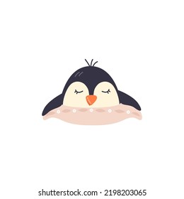 Adorable baby animal sleeping. Scandinavian nursery print design. Little polar penguin having nap on pillow. Childish cartoon character. Hand drawn flat childlike vector illustration isolated on white