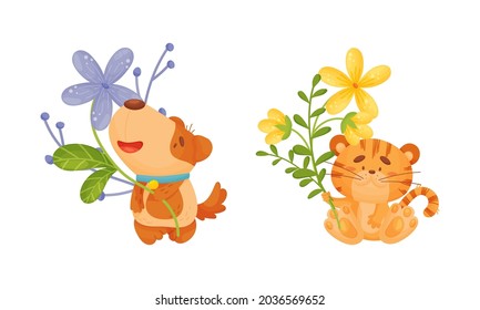 Bebés adorables con flor de primavera. Bonito gatito, cachorro parado con flores silvestres ilustración vectorial