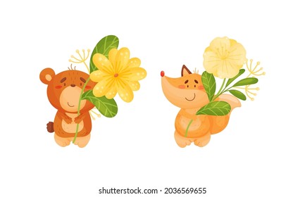 Adorable baby animals holding spring flower set. Lovely teddy bear and fox standing with wild flowers cartoon vector illustration