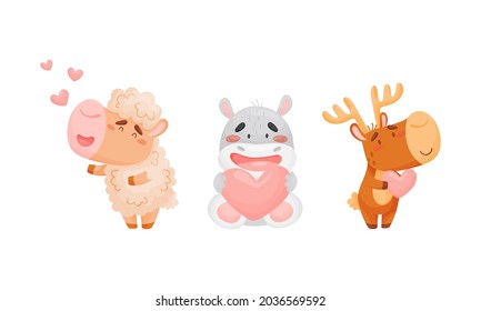 Adorable baby animals with pink hearts set. Lovely happy sheep, hippo, elk holding heart cartoon vector illustration