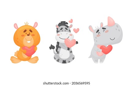 Adorable baby animals with pink hearts set. Lovely happy bear, zebra, rhinoceros holding heart cartoon vector illustration