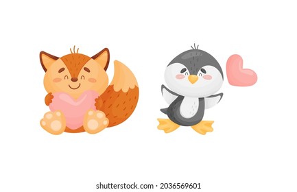 Adorable baby animals with pink hearts set. Lovely happy fox, penguin holding heart cartoon vector illustration