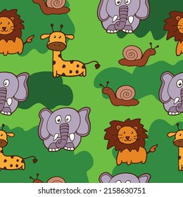 Adorable Baby Animals Seamless Pattern - Charming vector set featuring cute baby animal icons on a green background. Perfect for creating delightful and playful designs for kids and nursery-themed pro