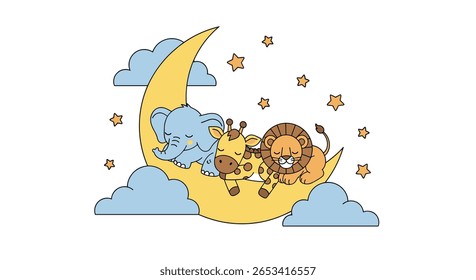 Adoráveis bebês animais dormindo em lua crescente cercado por nuvens e estrelas cintilantes ilustração