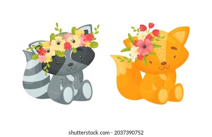 Adorable baby animals in wreaths of colorful flowers set. Lovely raccoon, fox with floral wreath cartoon vector illustration