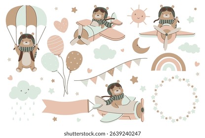 Adorable baby bear animal cartoon characters air adventures traveling by plane, air-hot balloon and jumping with parachute. Funny pilot flight journey decoration nursery design vector illustration