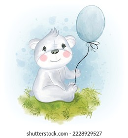 Adorable Baby Bear with Blue Balloon Watercolor