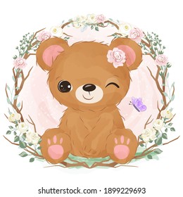 Adorable baby bear in the garden illustration