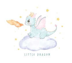 Adorable Baby Blue Dragon On Fluffy Cloud Little Dragon Watercolour, Whimsical Children Animal Nursery Illustration