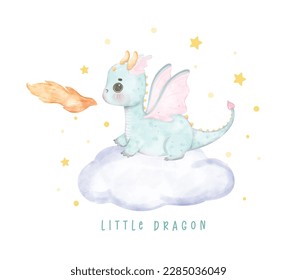 Adorable baby blue dragon on fluffy cloud little dragon watercolour, whimsical children animal nursery illustration