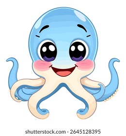 Adorable Baby Blue Octopus with Big Eyes A Charming Aquatic Illustration for Children's Books and Playful Designs