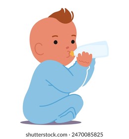 Adorable Baby Boy Character With Brown Hair In A Blue Onesie, Sitting And Drinking Milk From A Large Bottle With Focused Expression. Scene Of Early Childhood Nourishment. Cartoon Vector Illustration