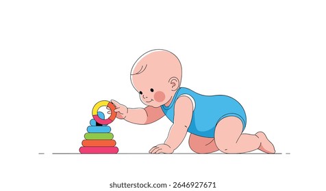 Adorable Baby Boy Crawling and Playing with Colorful Stacking Rings Toy Engaging in Early Childhood Development Activities