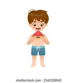 Adorable baby boy eating watermelon. Cute kid in swimwear with slice of watermelon.