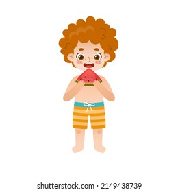 Adorable baby boy eating watermelon. Cute kid with curly red hair in swimwear with slice of watermelon.