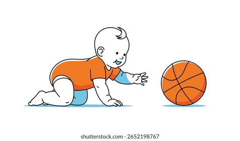 Bebê adorável em macacão laranja joga com uma bola de basquete enquanto rastejando no chão