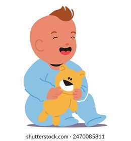 Adorable Baby Boy Sitting And Laughing Joyfully, Clutching A Cute Teddy Bear. He Is Dressed In A Cozy Blue Onesie, Displaying Delightful Expressions. Moment Of Pure Childhood Happiness And Innocence