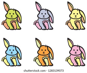 adorable baby bunny sitting with one ear up and one ear down bottom pads of feet showing and multiple colorful vector choices