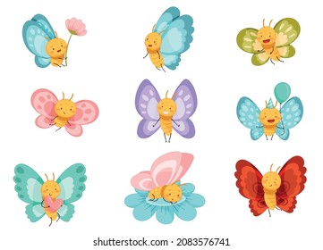 Adorable baby butterflies set. Cute insects with colorful wings and funny faces cartoon vector illustration