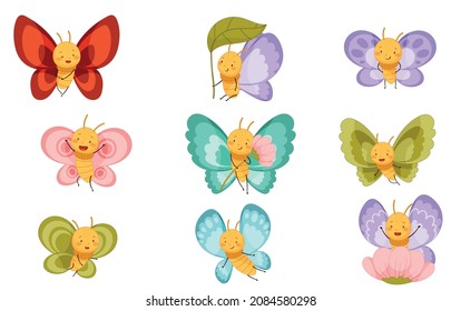 Adorable baby butterflies set. Cute insects with colorful wings cartoon vector illustration