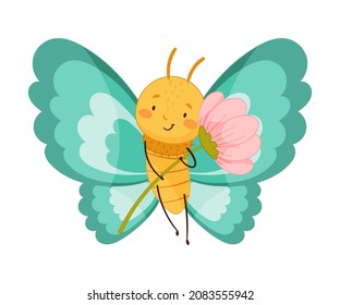 Adorable baby butterfly with bright blue wings flying with pink flower cartoon vector illustration