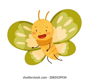 Adorable baby butterfly with bright green spotty wings and funny smiling face cartoon vector illustration