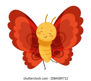 Adorable baby butterfly with bright red wings and funny smiling face cartoon vector illustration