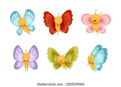 Adorable Baby Butterfly as Cute Insect with Colorful Wings Vector Set