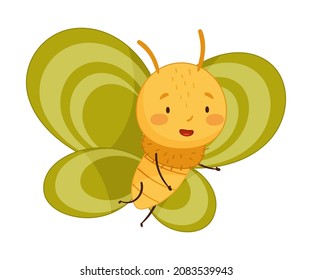 Adorable baby butterfly with green wings and cute funny face cartoon vector illustration