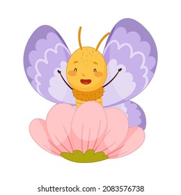 Adorable baby butterfly with lilac wings sitting in pink flower cartoon vector illustration